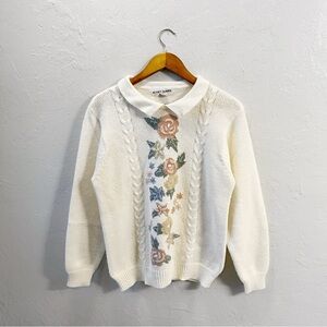Vintage 90s Multicolor Knit Floral Cottagecore Grandmacore Pullover Sweater M